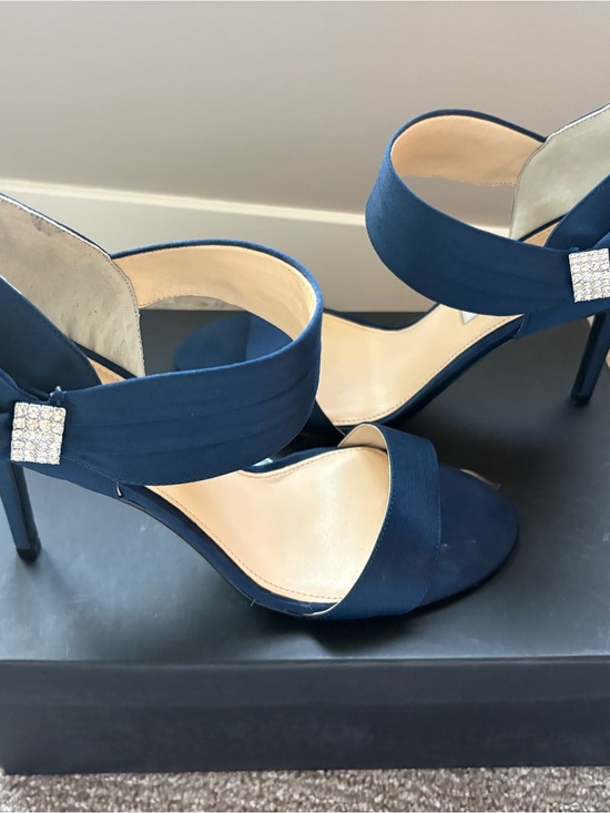 Nina Shoes - Nina Navy Satin High Heels with Rhinestone Bow Accents Size 8